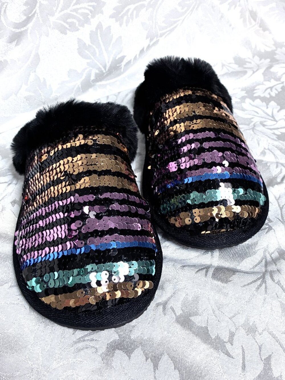 Fur-Trim Multicolor Sequin Stripe Slippers